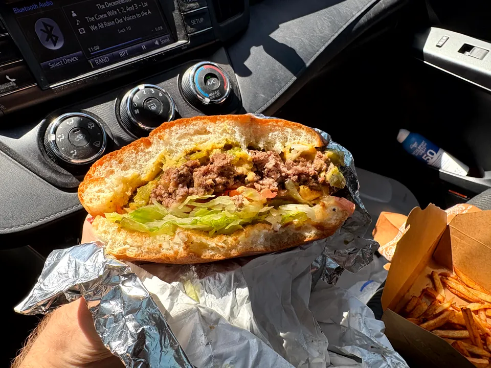 Photograph of Burger at Dueling Green Chile Burgers, New Mexico.