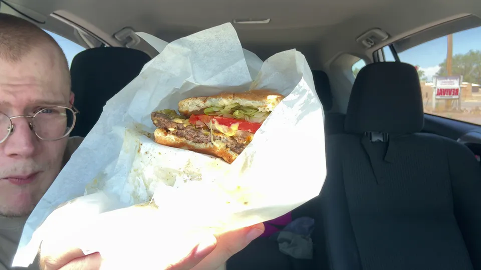 Photograph of Burger2 at Dueling Green Chile Burgers, New Mexico.