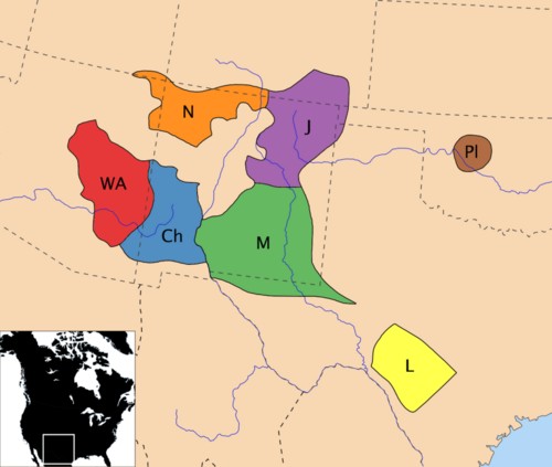 Map showing the approximate locations of Apache tribes in the late 18th century